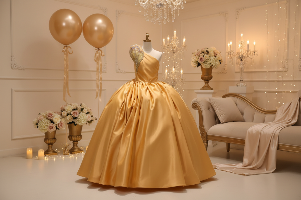 Gold Birthday Princess Dress in Elegant Party Setting