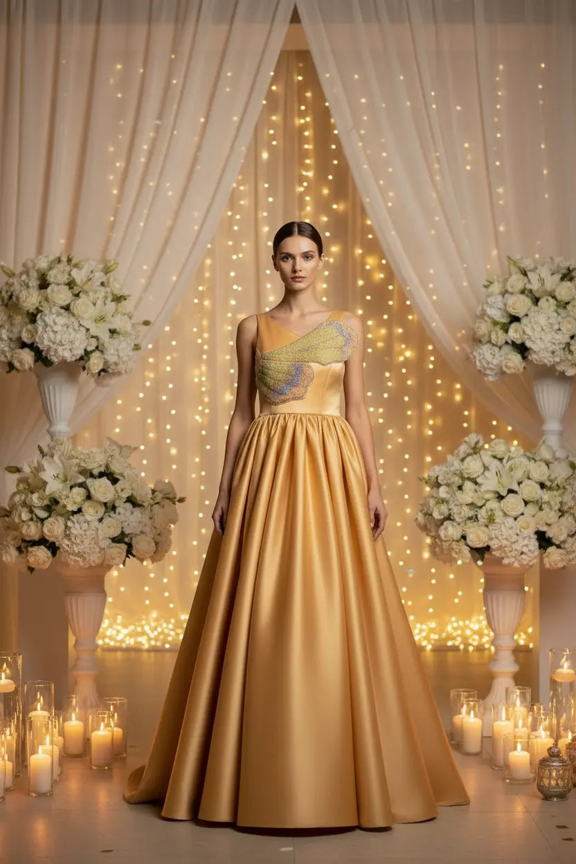 Premium embellished Gold long Bridesmaid /Birthday princess dress UK size 7 - 14 - Babydoll Princess